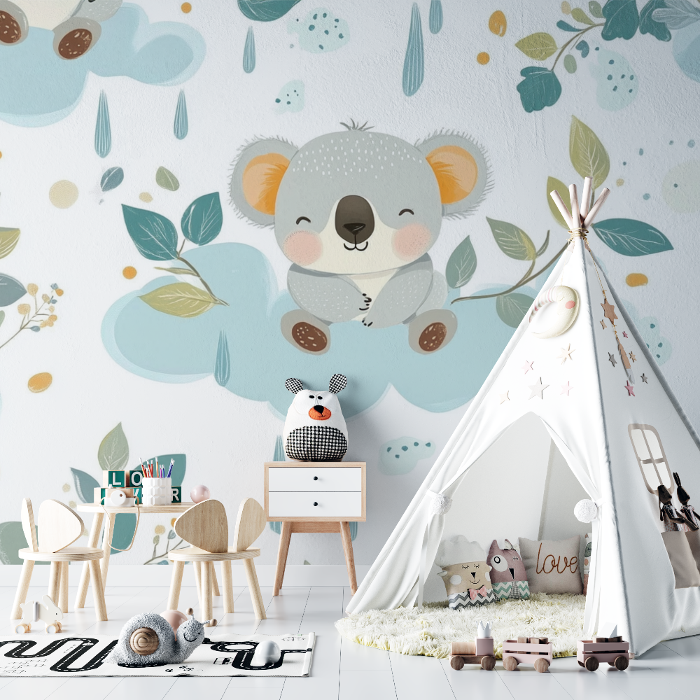 Papier peint koala et pluie de calins chambre bebe