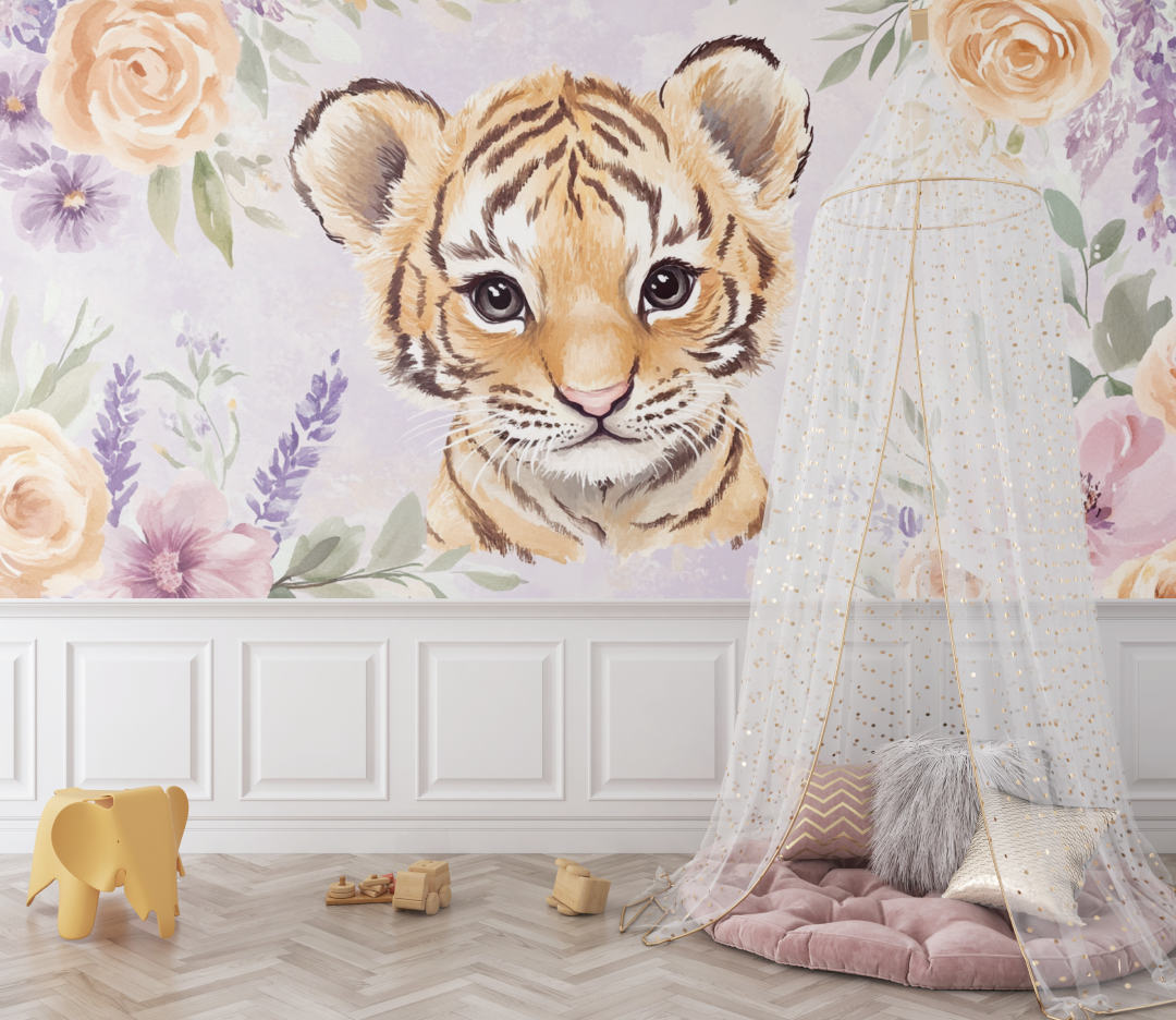Papier peint tigre et couronne de fleurs bebe