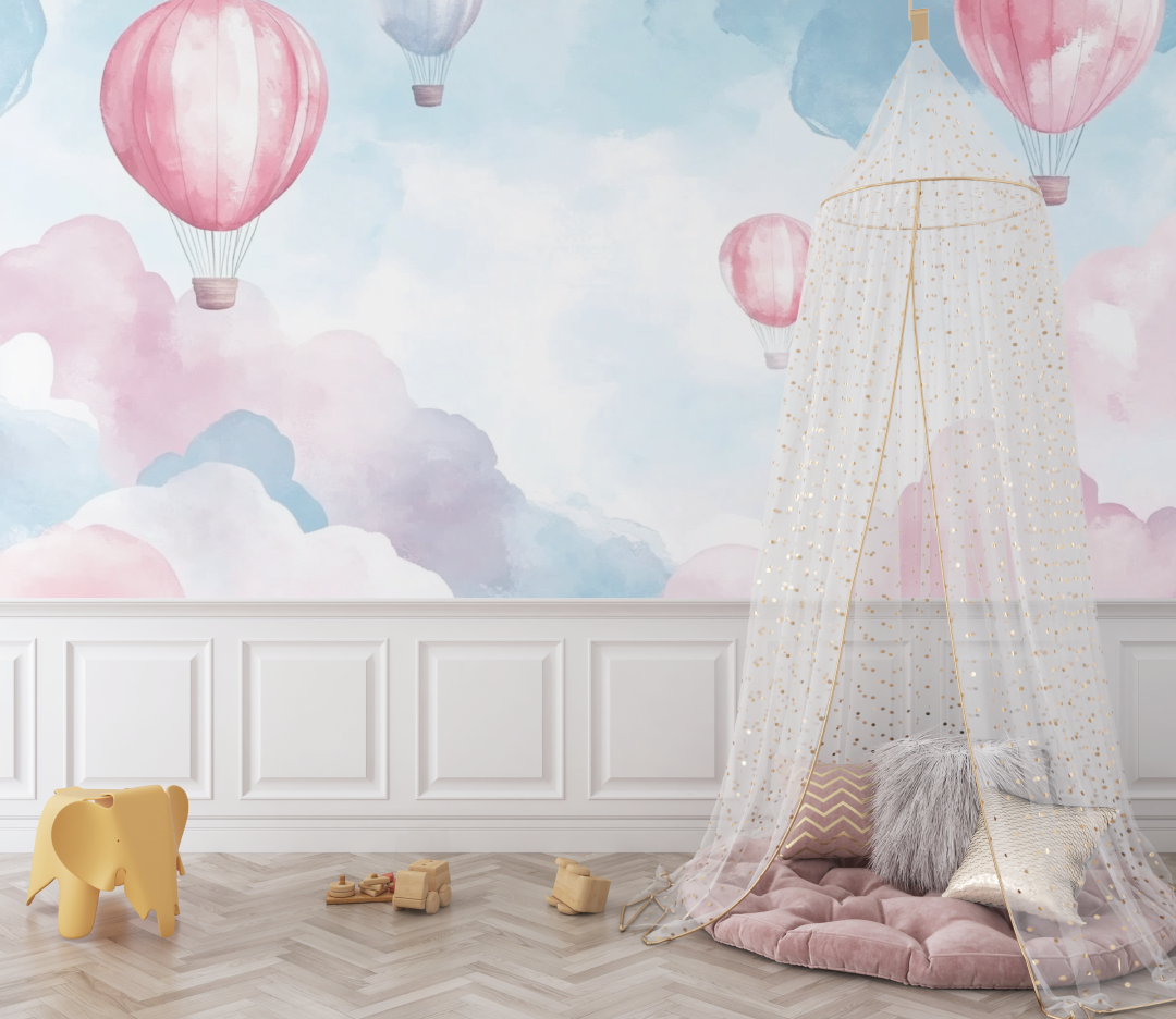 Papier peint montgolfiere et ciel de printemps bebe