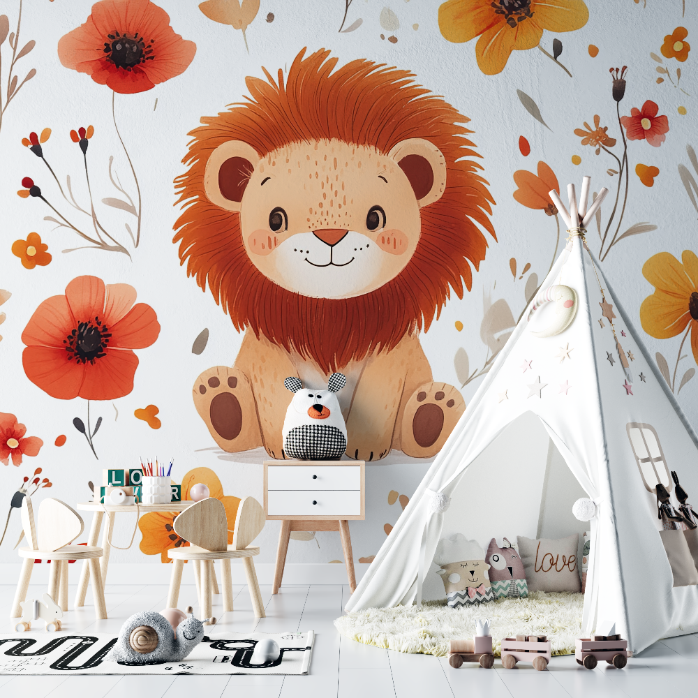 Papier peint lion et fleurs sauvages chambre bebe
