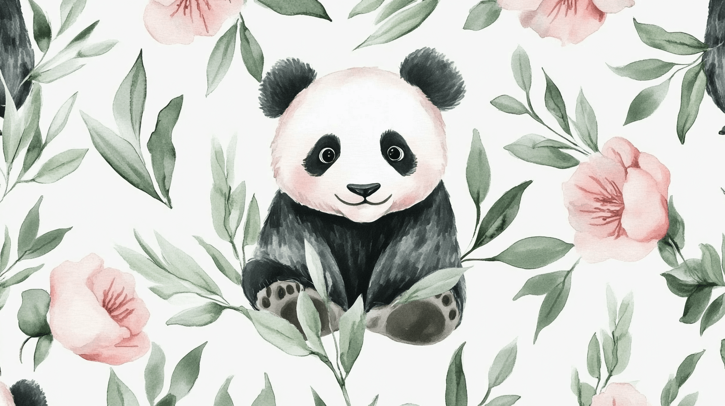 Papier Peint Panda Et Feuillage Aquarelle