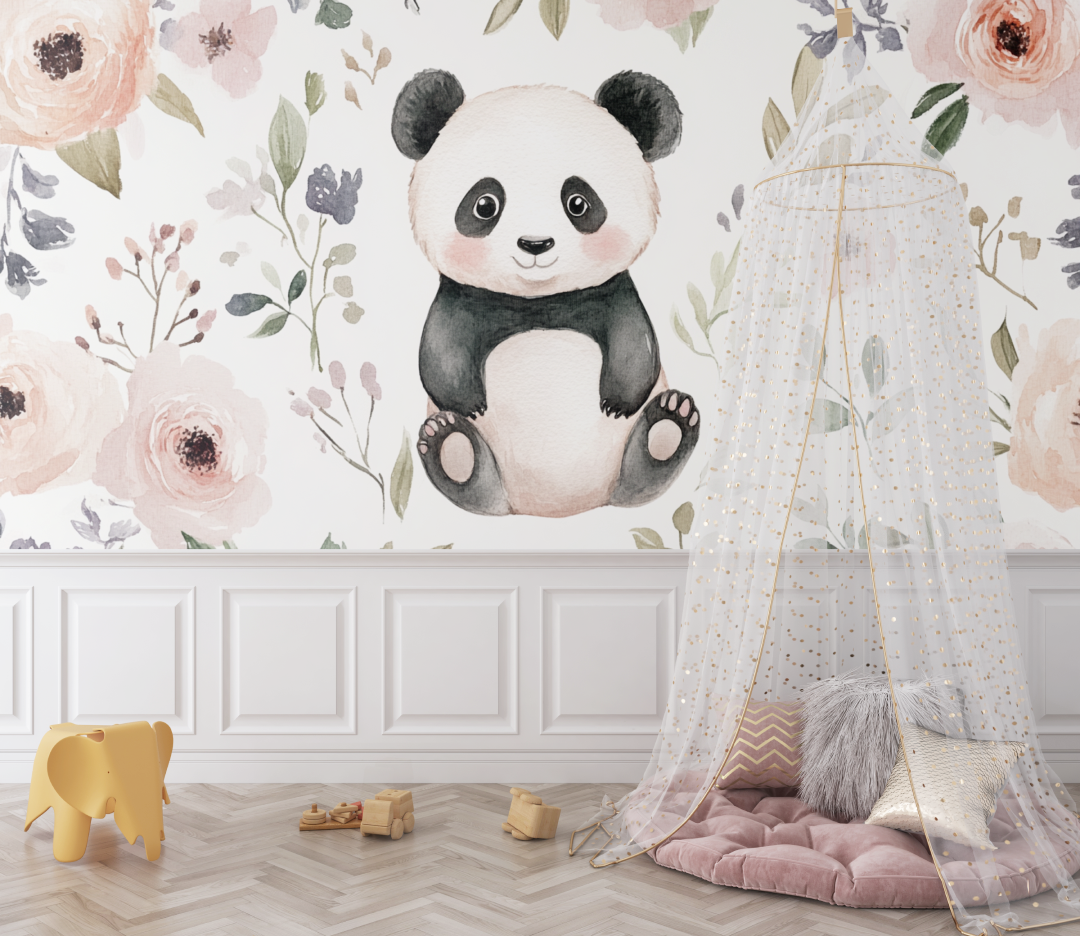 Papier peint panda et fleurs sauvages bebe