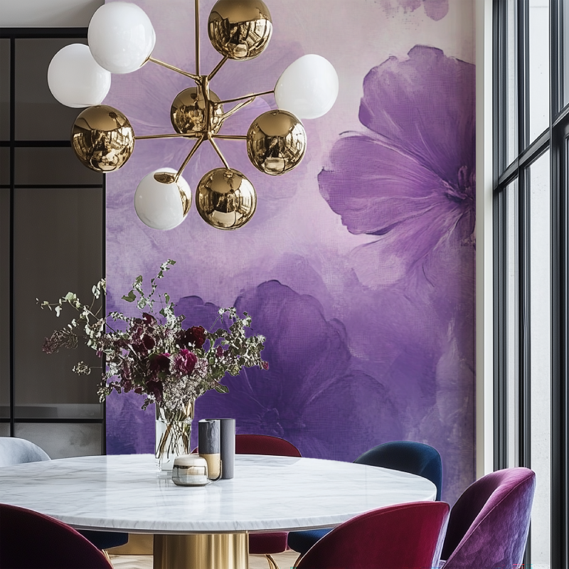 Papier peint fleur mauve salon chaise