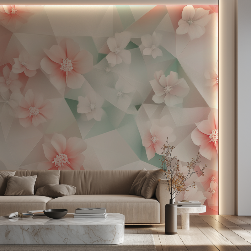 Papier peint fleur geometrique canape neon