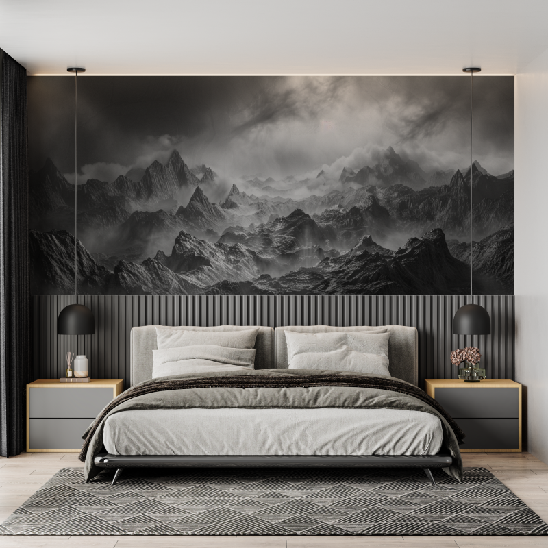 Papier peint chaine montagne noir et blanc mural adulte