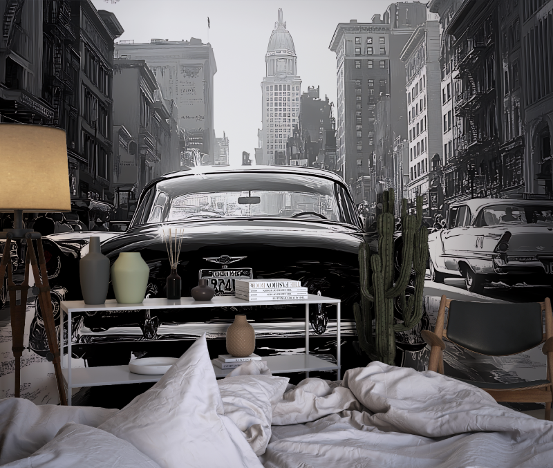 Papier peint noir et blanc voiture vintage chambre dado1