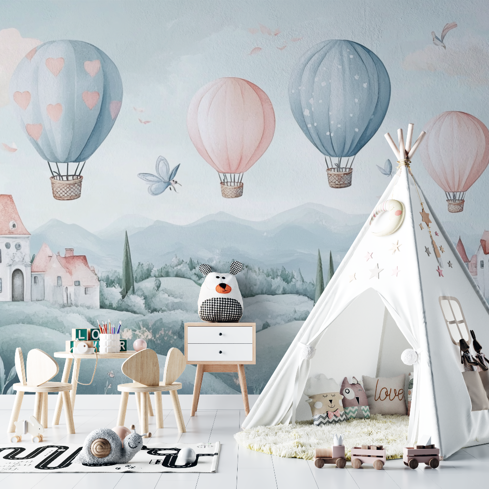 Papier peint montgolfiere et paysages feeriques chambre bebe