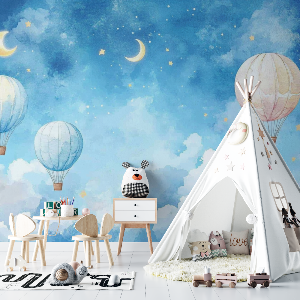 Papier peint montgolfiere et ci...uit avec lune chambre bebe