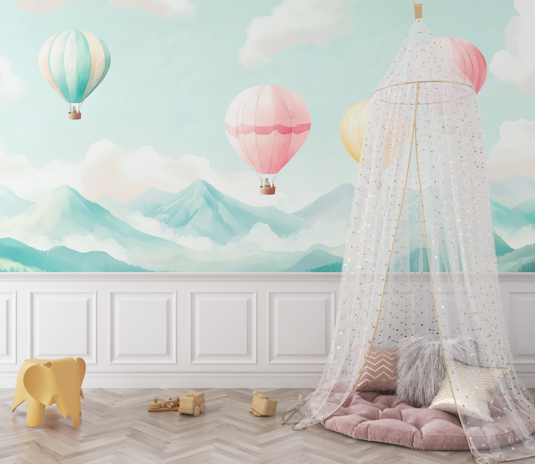 Papier peint montgolfiere et paysages montagneux bebe