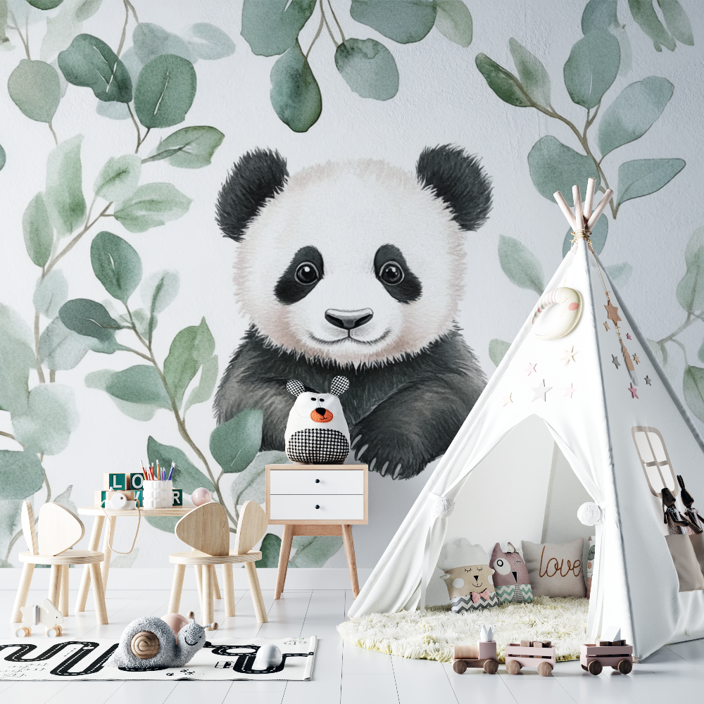 Papier peint panda et feuilles deucalyptus chambre bebe