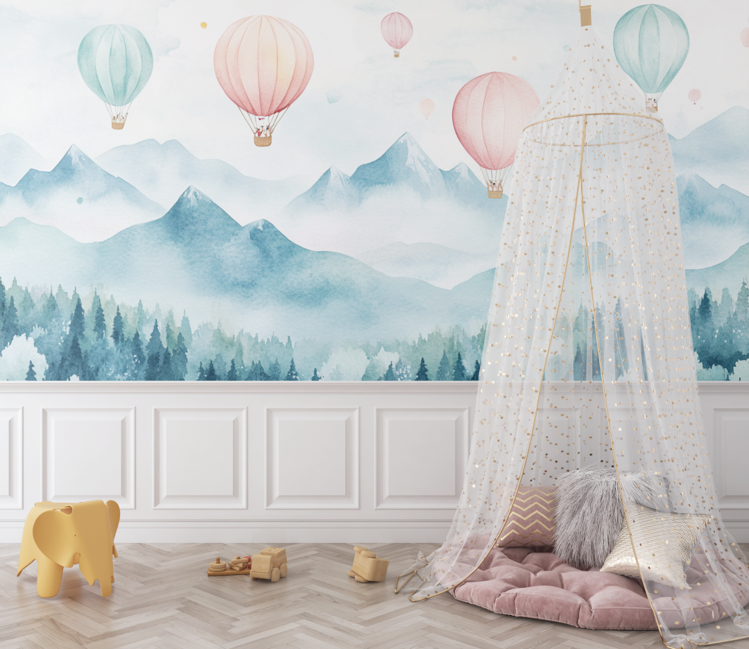 Papier peint montgolfiere et montagnes douces bebe