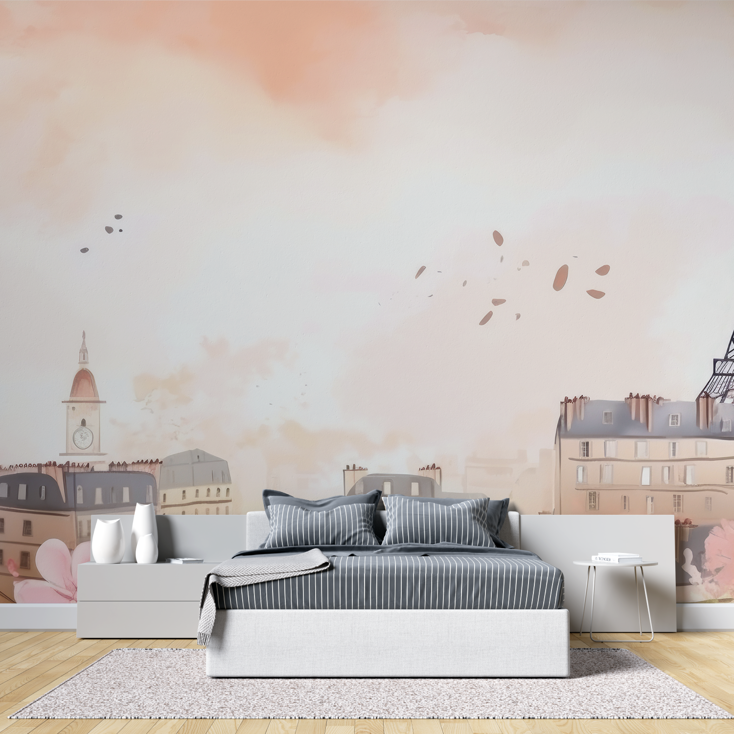 Papier peint aquarelle ville de paris rose tete de lit