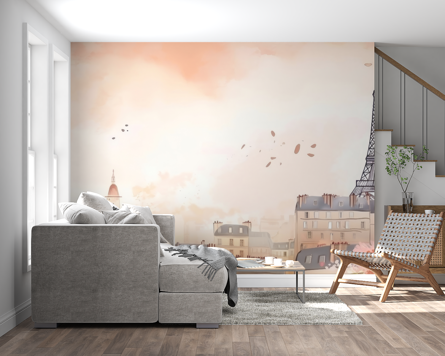 Papier peint aquarelle ville de paris rose panoramique mural