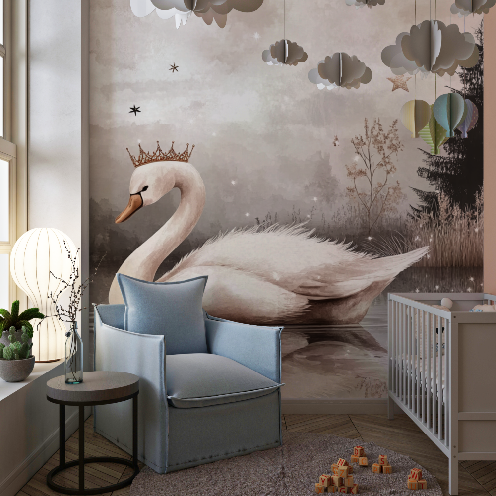 Papier peint princesse cygne rose gris chambre de fille