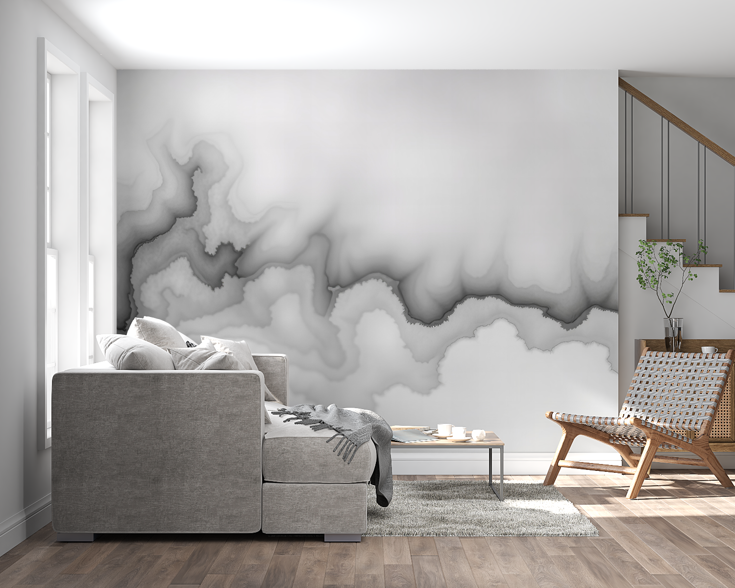 Papier peint aquarelle nuages n...et blanc panoramique mural