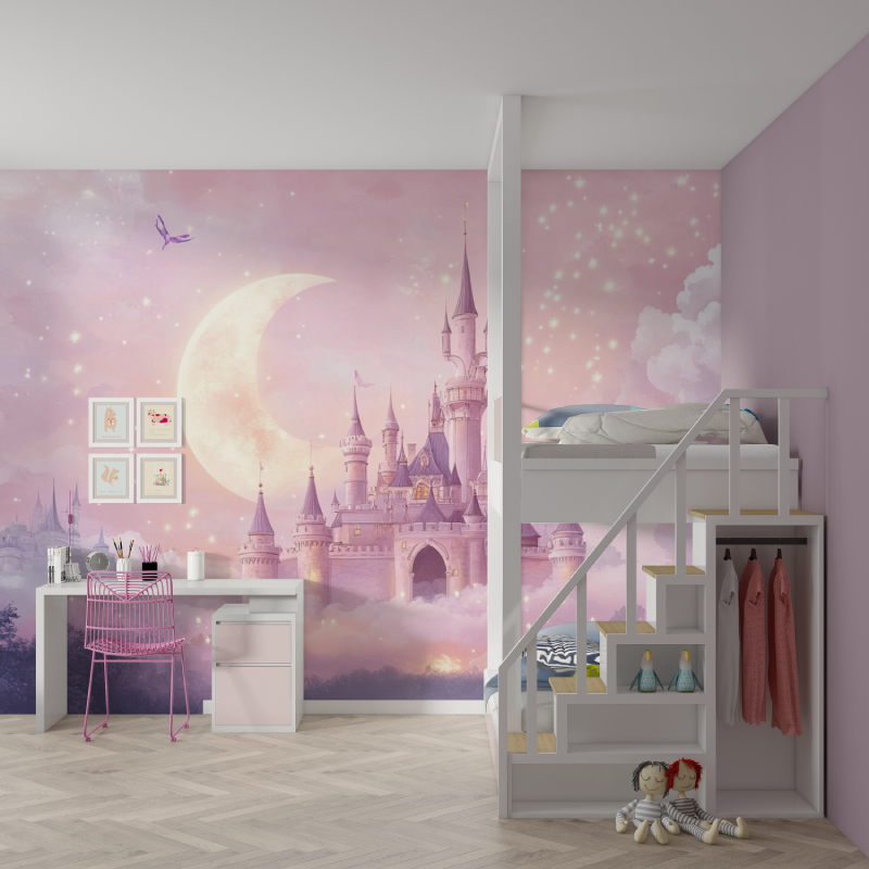 Papier peint princesse lune et chateau mur chambre fille