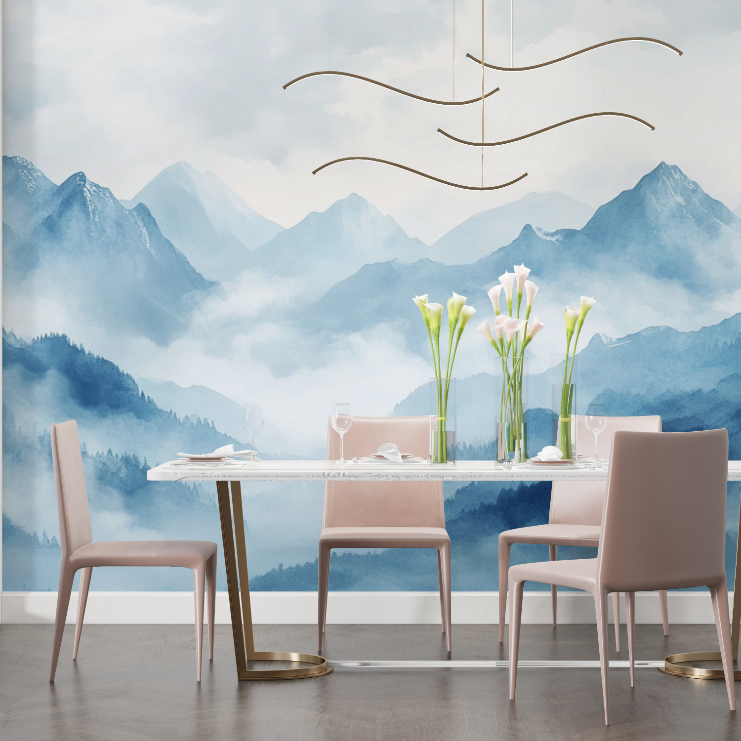 Papier peint aquarelle paysage montagnes brumeuses salon