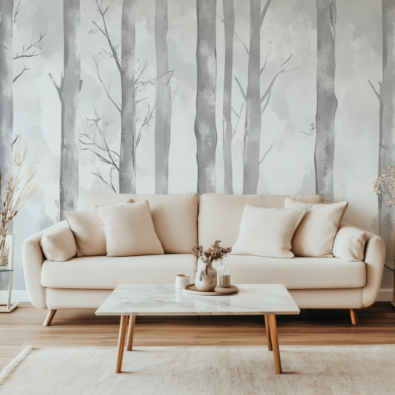 Papier peint arbre gris argente canape simple