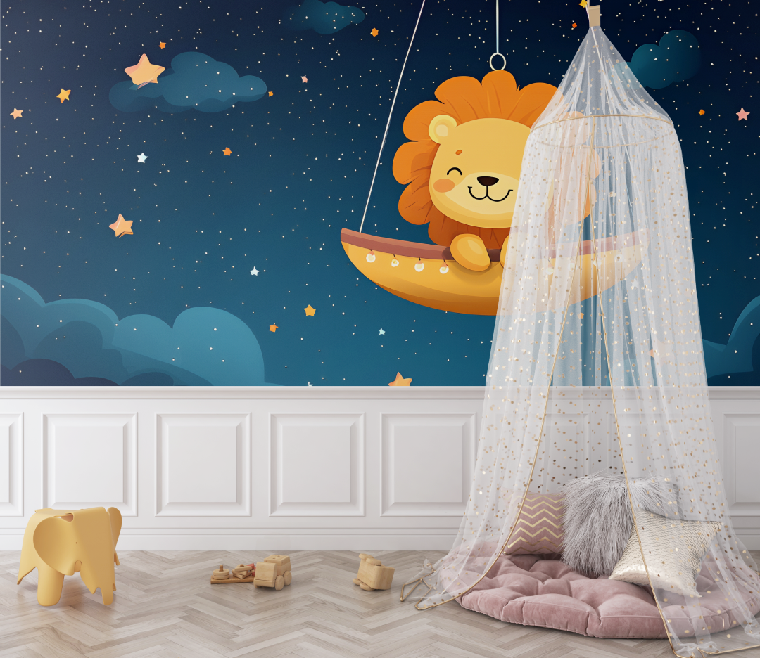 Papier peint lion et etoiles dorees bebe
