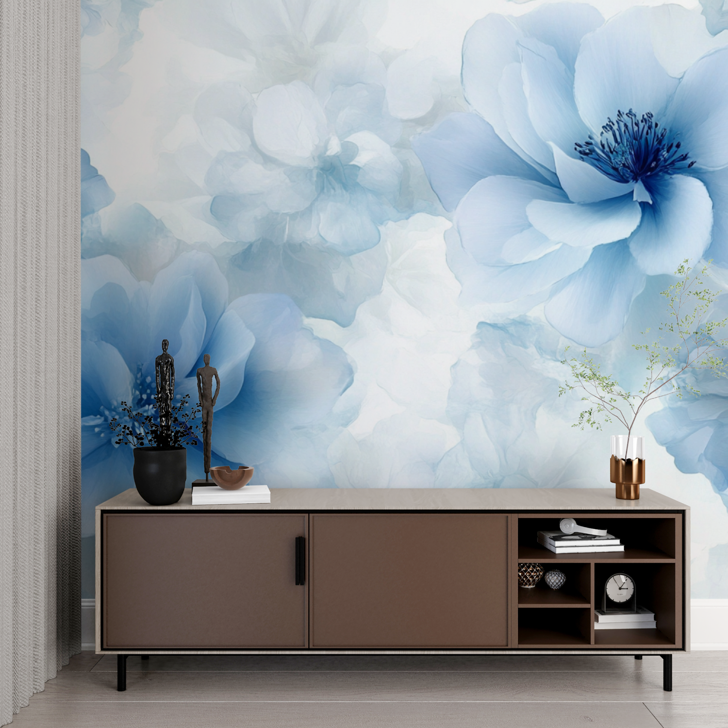 Papier peint aquarelle fleurs bleues delicates imprime