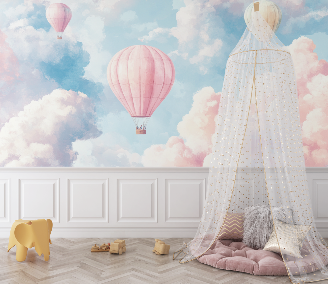 Papier peint montgolfiere et nuages pastel bebe