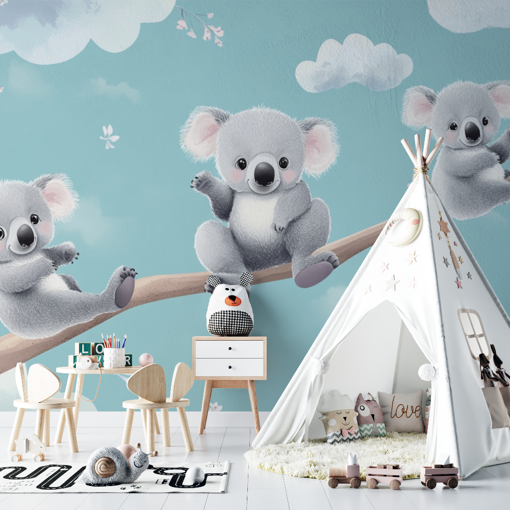 Papier peint koala sur fond de ciel pastel chambre bebe