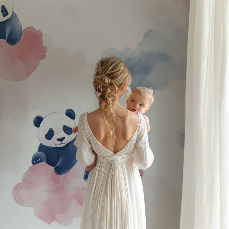 Papier peint panda et nuages pastel bb123