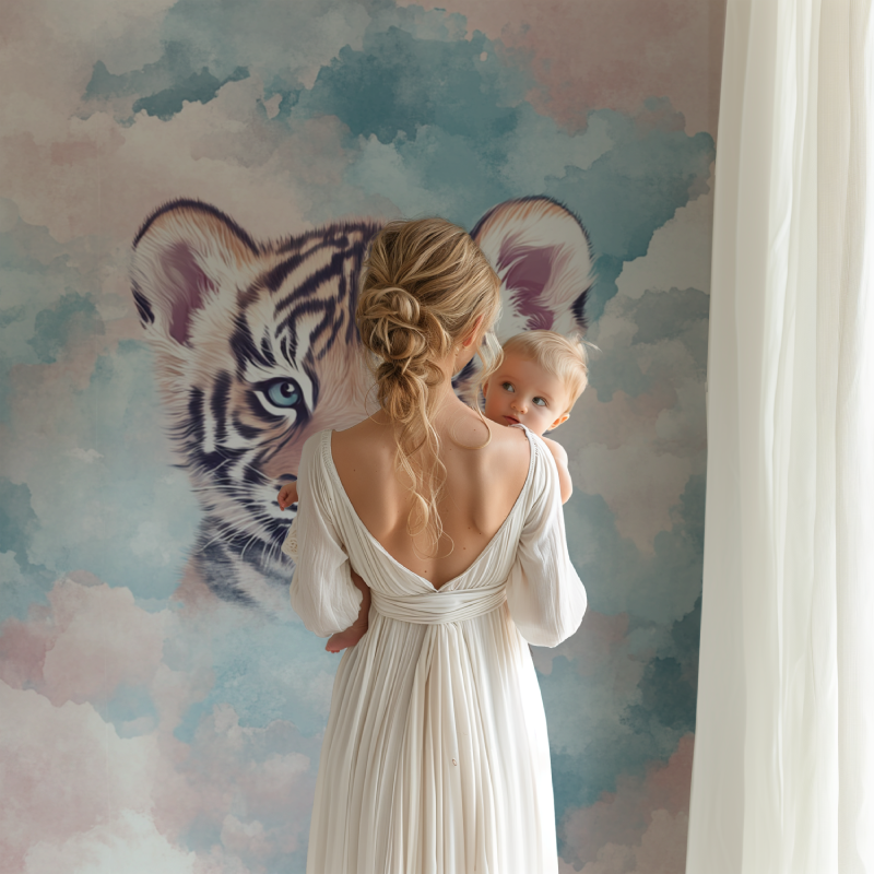 Papier peint tigre et nuages pastel bb123