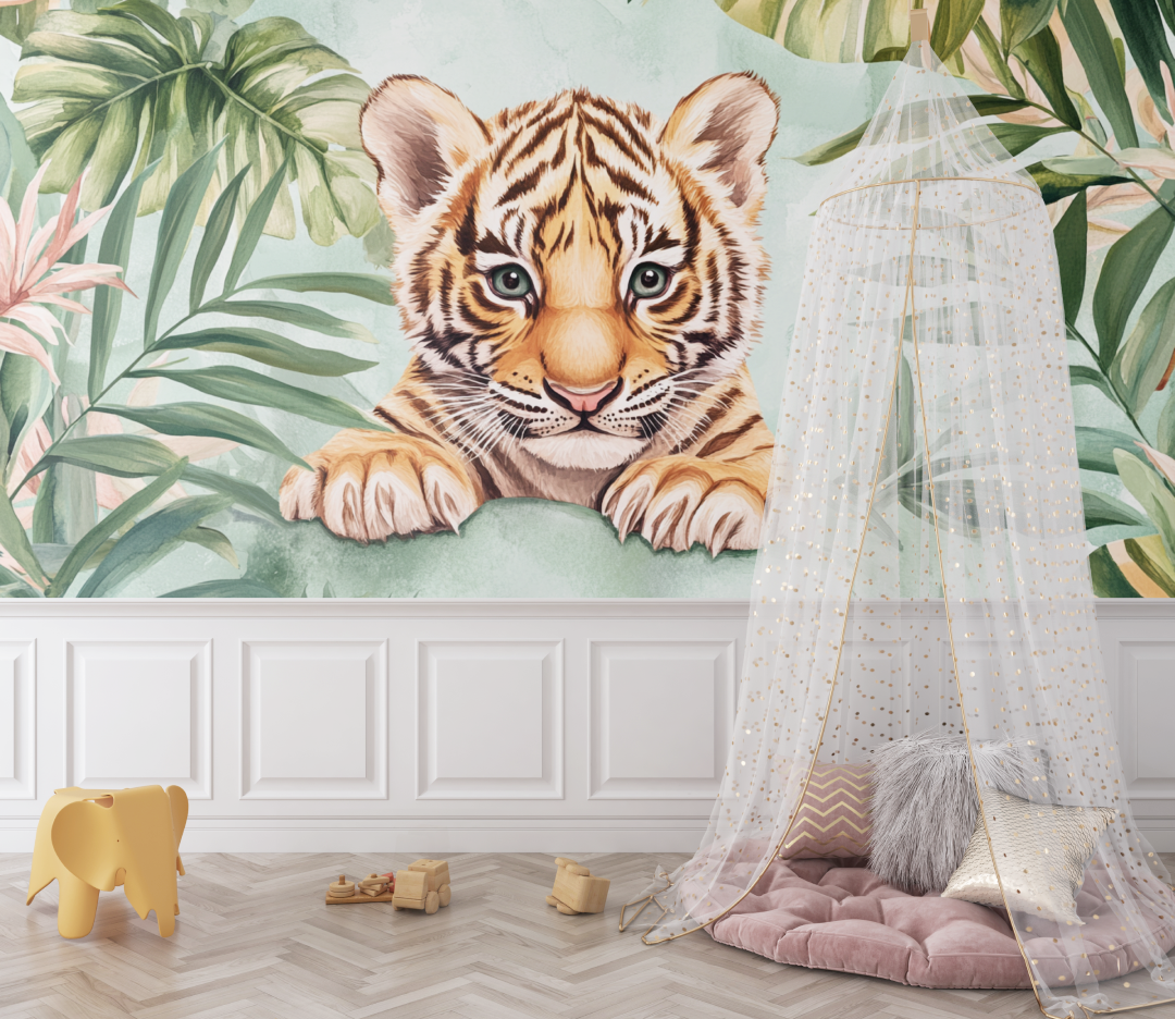 Papier peint tigre et feuillage tropical bebe