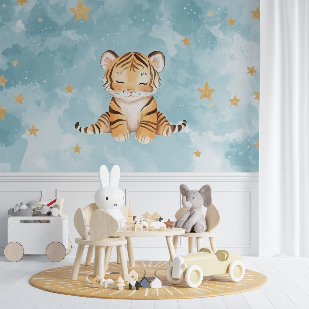 Papier peint tigre et ciel etoile chambre de bebe