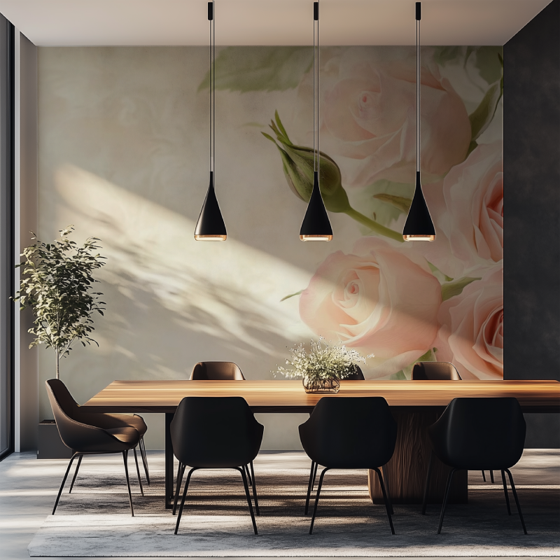 Papier peint vintage fleur rose salle manger tapisserie