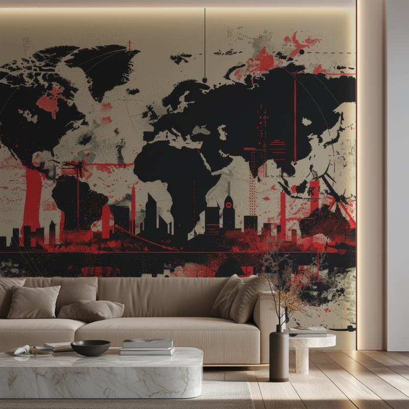 Papier peint carte du monde graffiti rouge canape neon