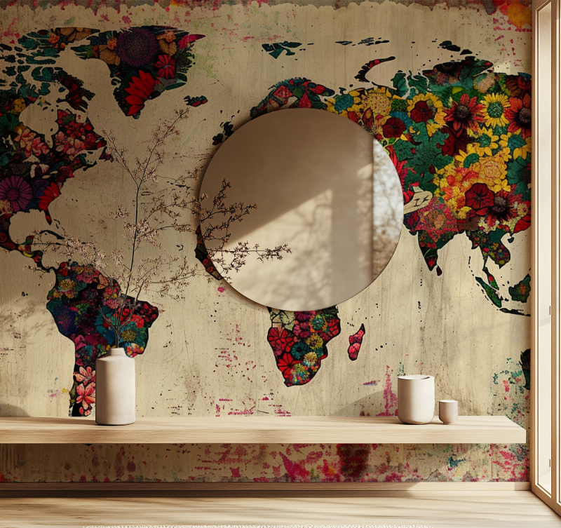 Papier peint carte du monde fleurie miroir