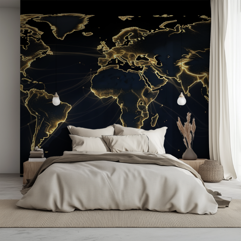 Papier peint carte du monde noir et dore lit 1234