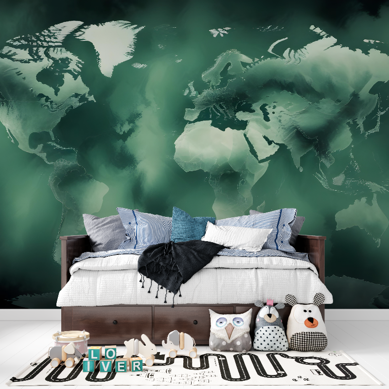 Papier peint carte du monde verte ado tapisserie pour ado