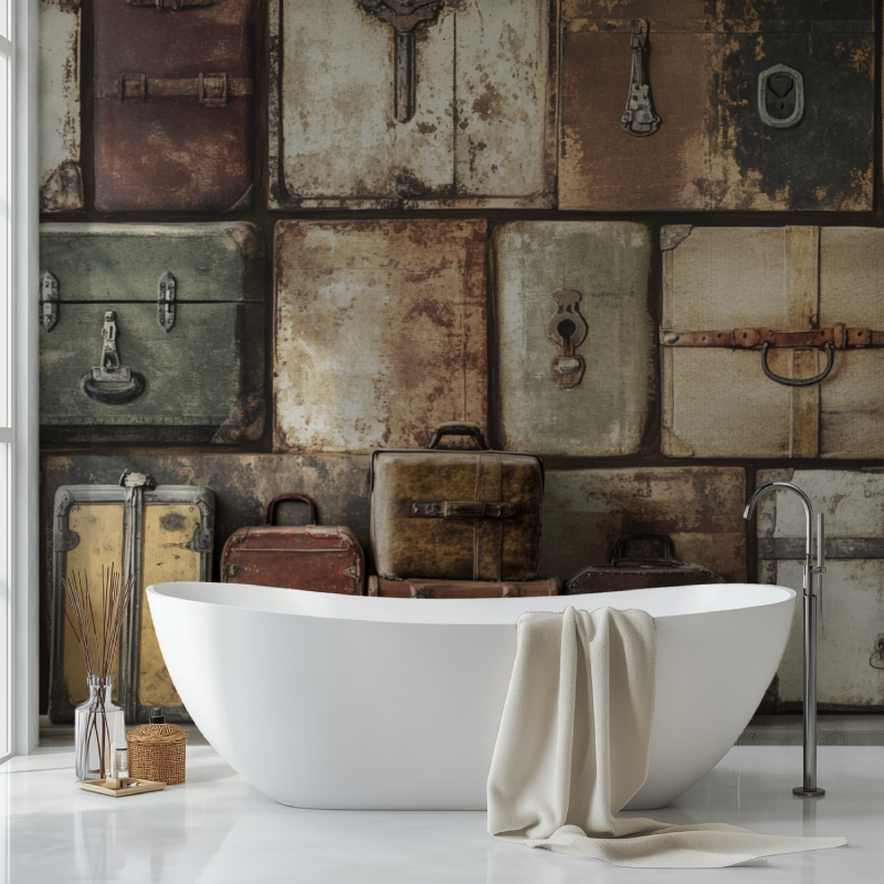 Papier peint vintage vieilles malles sdb