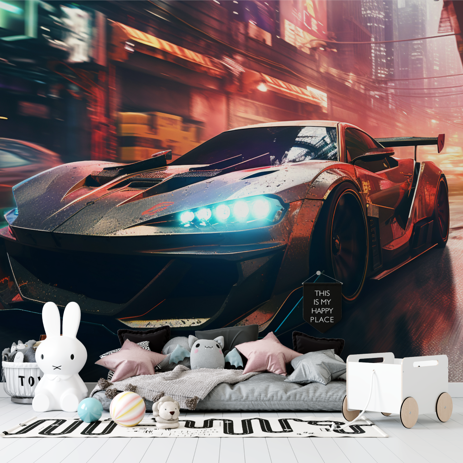 Papier peint voiture de course neon tapisserie garcon