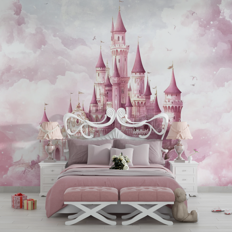 Papier peint princesse chateau rose chambre filles