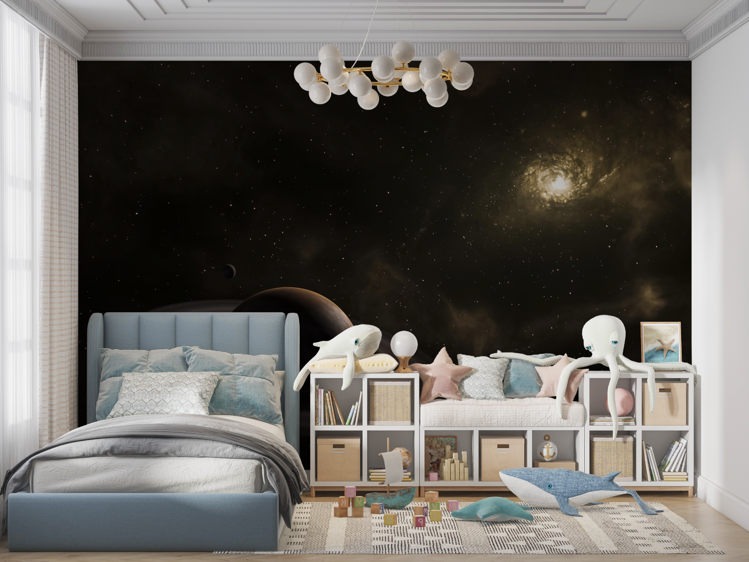 Papier peint espace lune saturne panoramique garcon