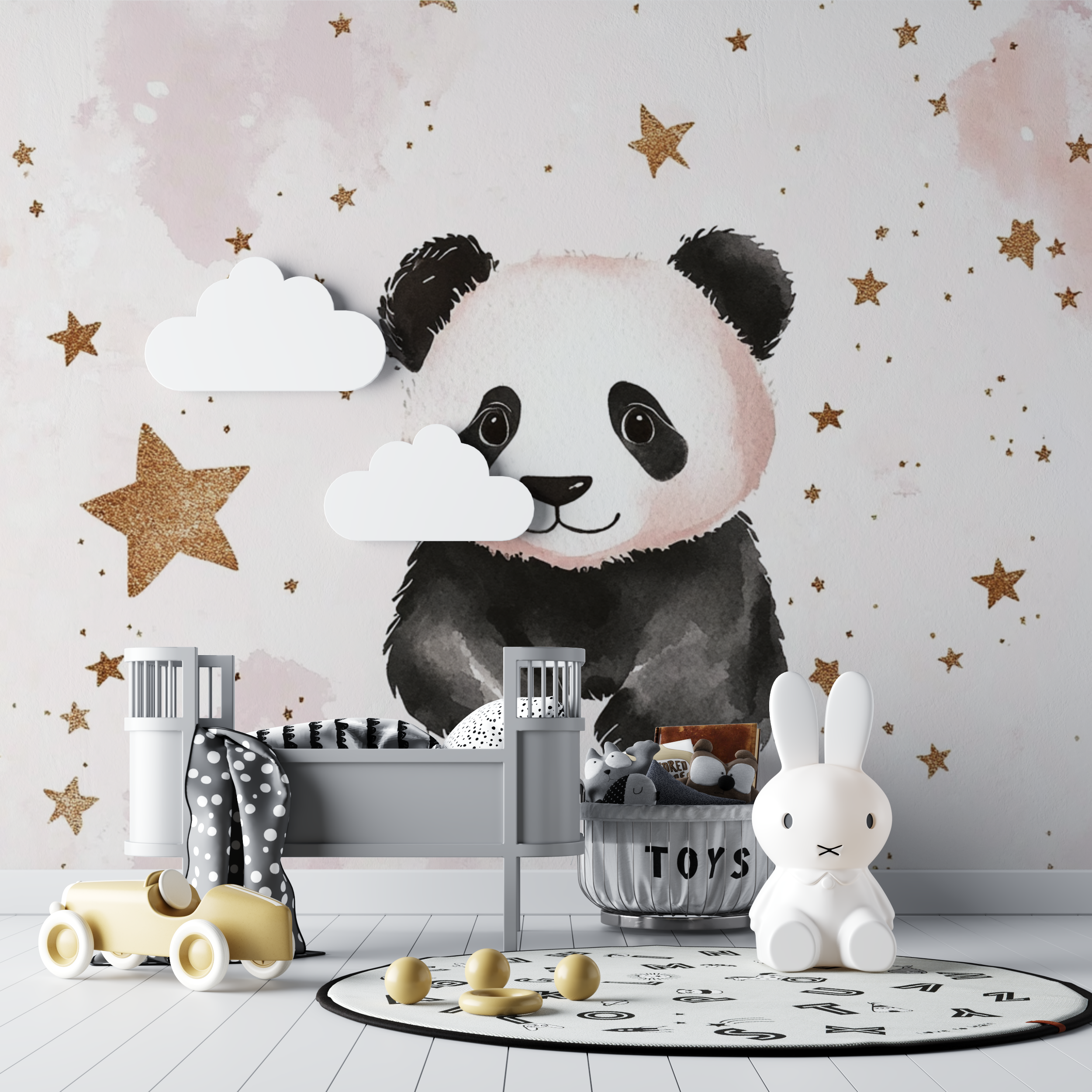 Papier peint panda et etoiles dorees bebe tipi