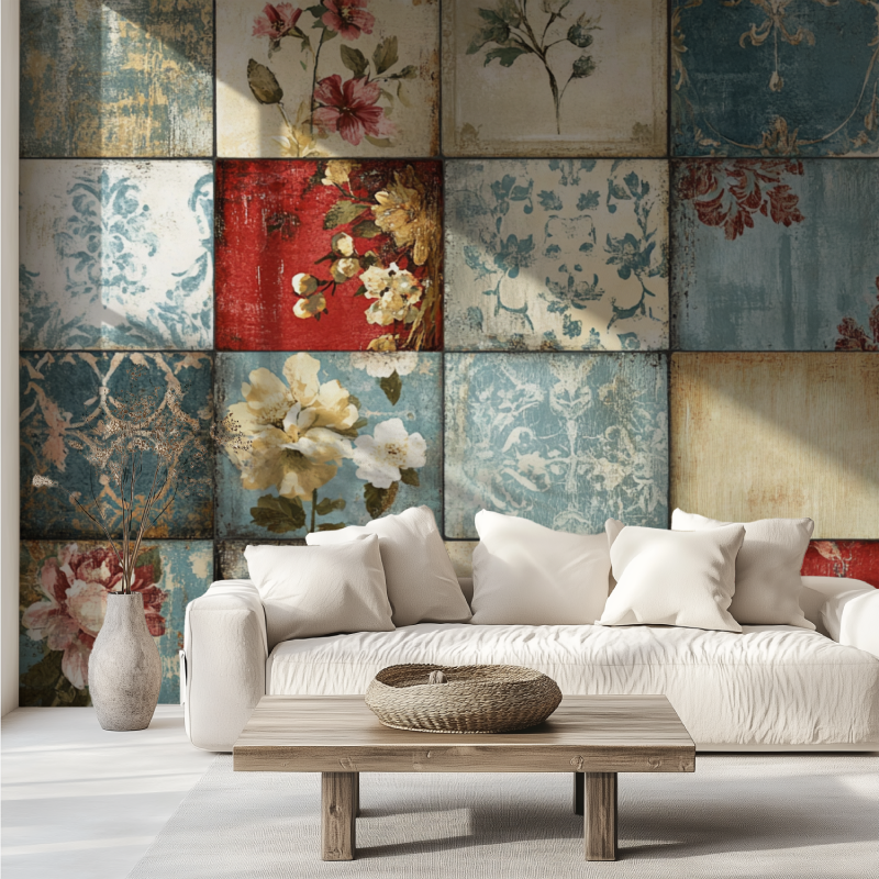 Papier peint vintage patchwork canape tendance