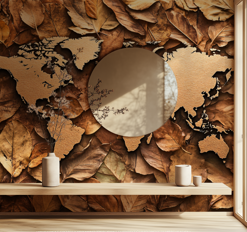 Papier peint carte du monde feuille bois miroir