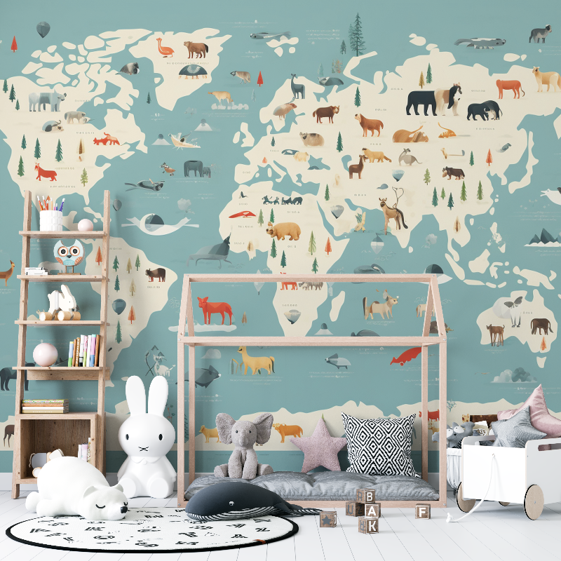 Papier peint carte du monde animaux enfant 12