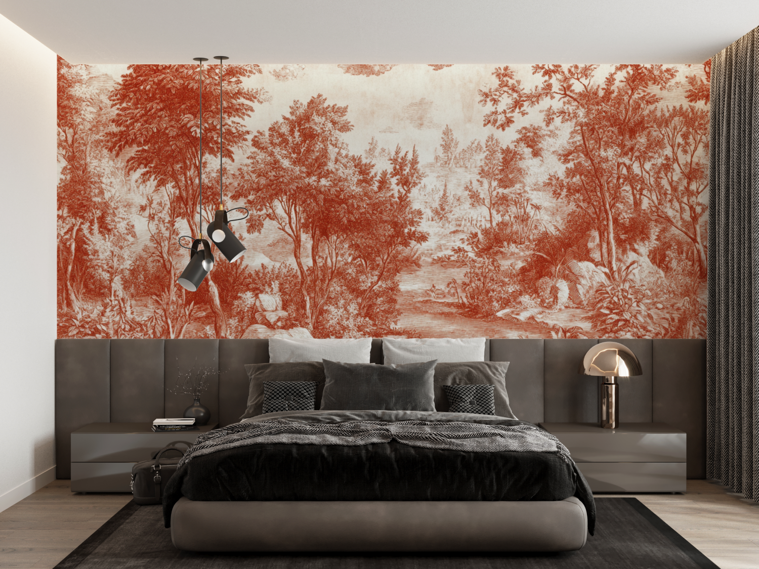 Papier peint terracotta chambre toile de jouy francais