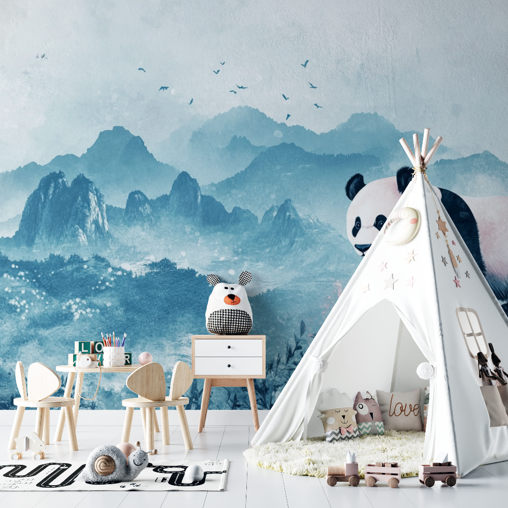 Papier peint panda et paysages doux chambre bebe