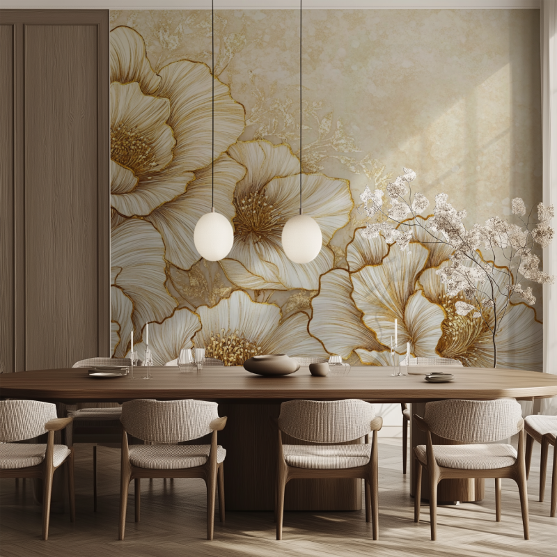 Papier peint fleur dore salle manger tendance