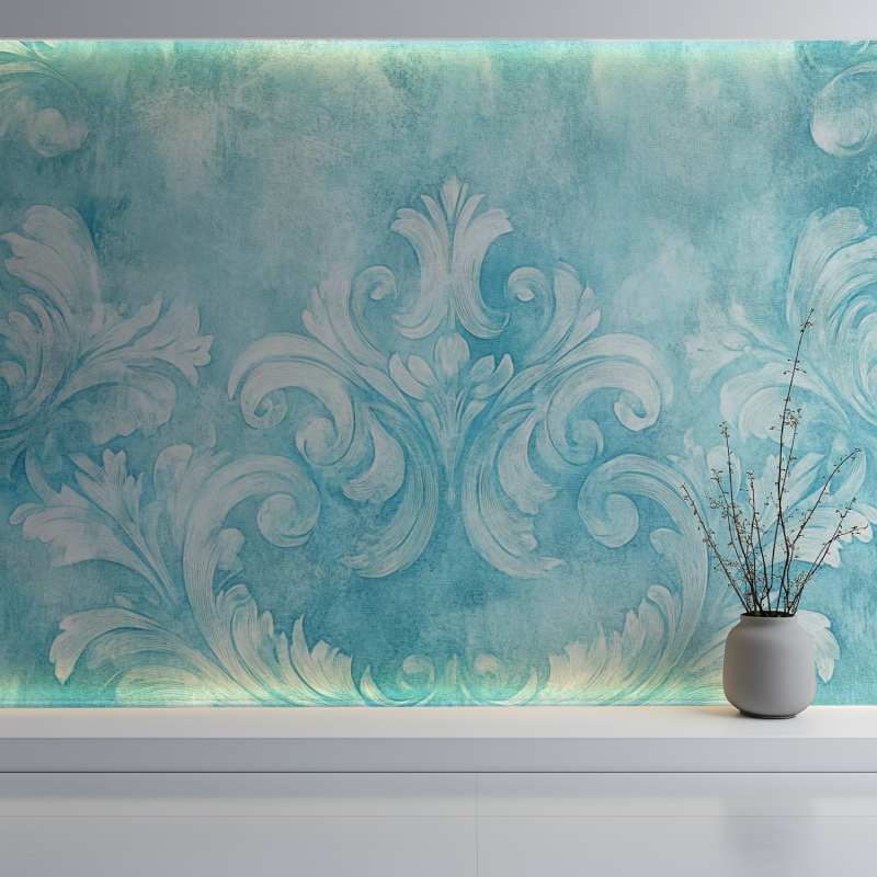 Papier peint vintage turquoise mur blanc