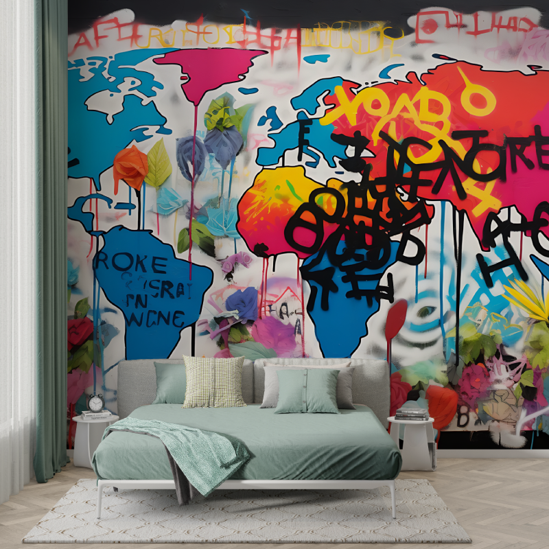 Papier peint carte du monde street art murs