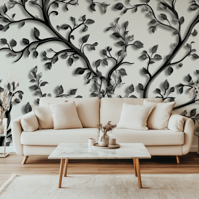 Papier peint arbre noir style baroque canape simple