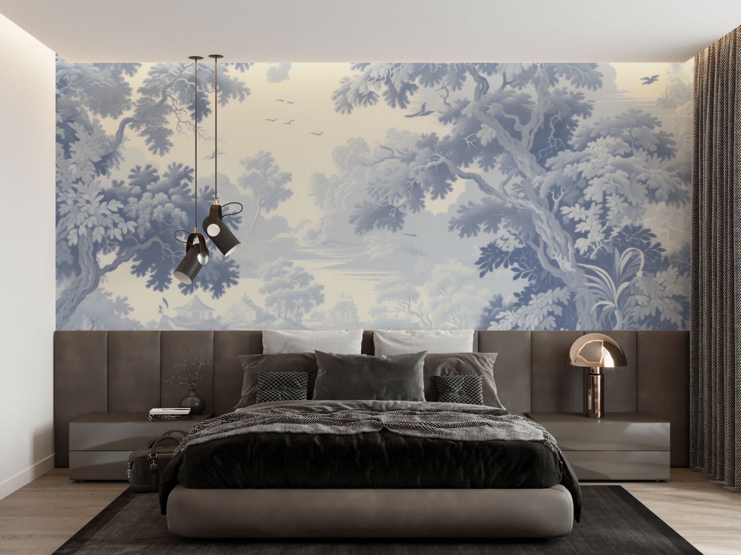 Papier Peint Toile De Jouy Toile Bleu - trompe l'oeil